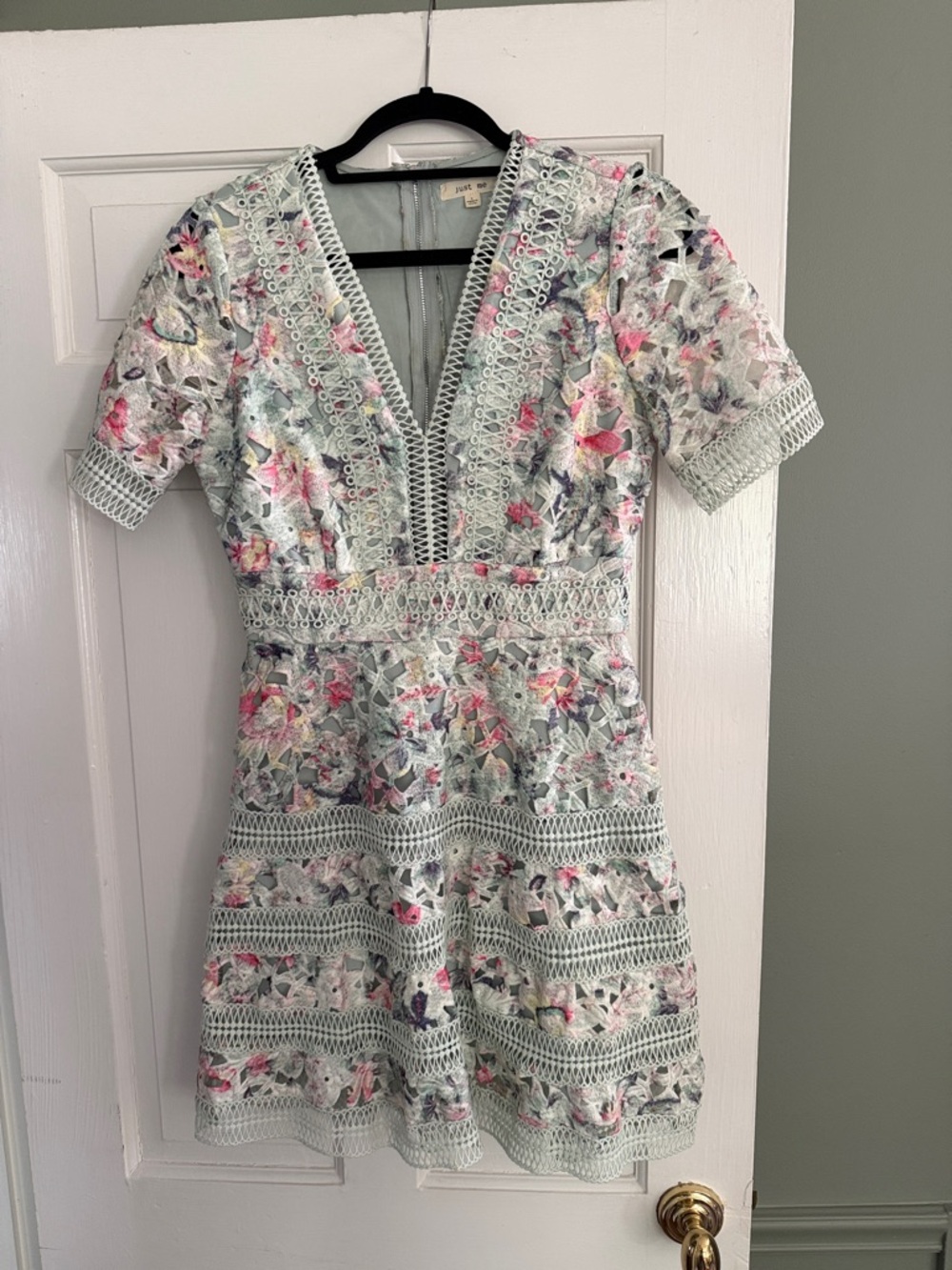 Just Me Mint and Pink Floral Lace V-Neck Mini Dress